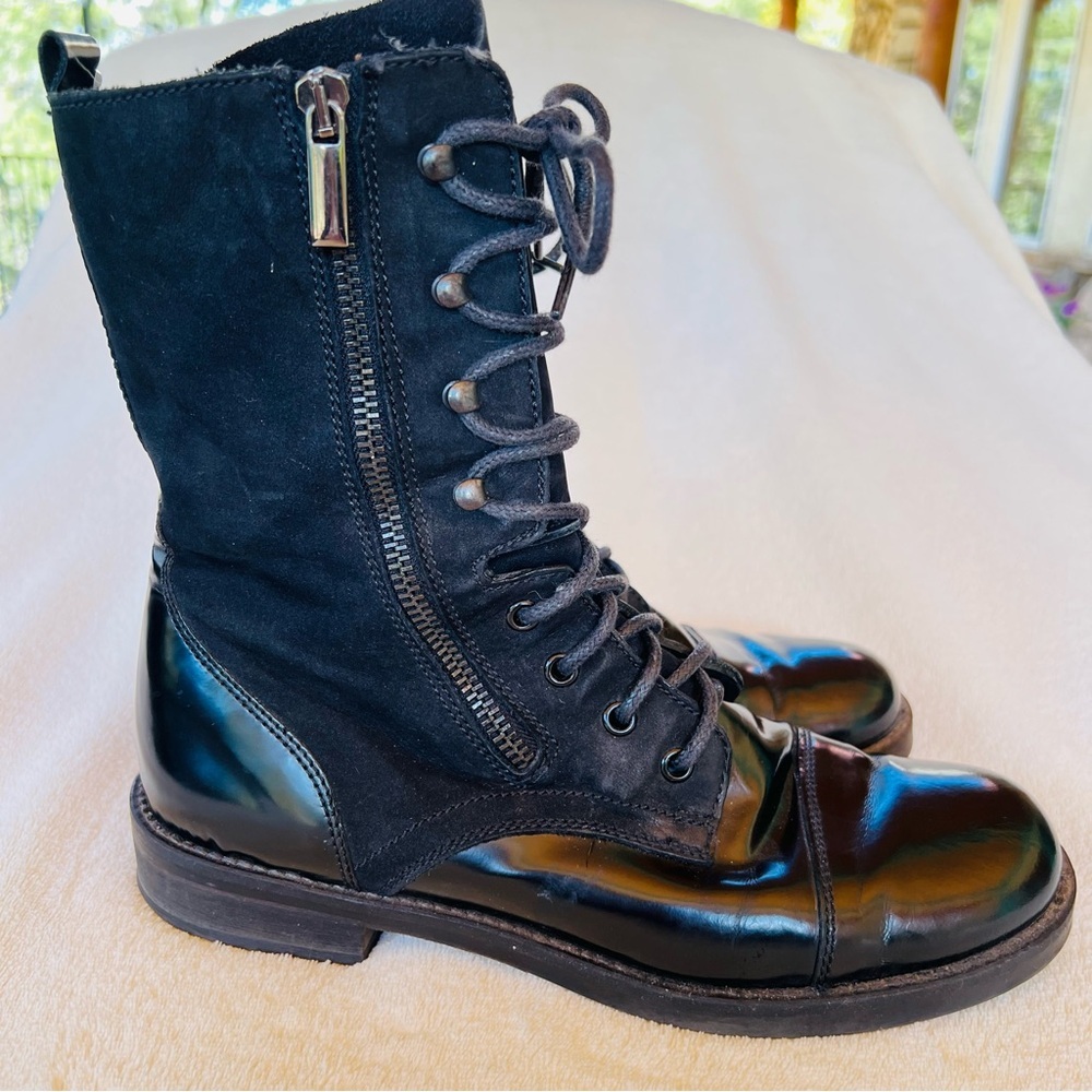 Women’s Black Lace-Up Moto Boots with Side Zip - Picture 3 of 7